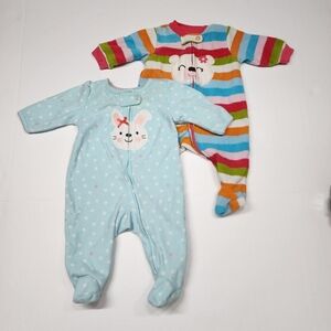 Baby Girl Footed Pajamas Fleece Size 3 Months Lot Of 2 Bear Rabbit Rainbow Blue